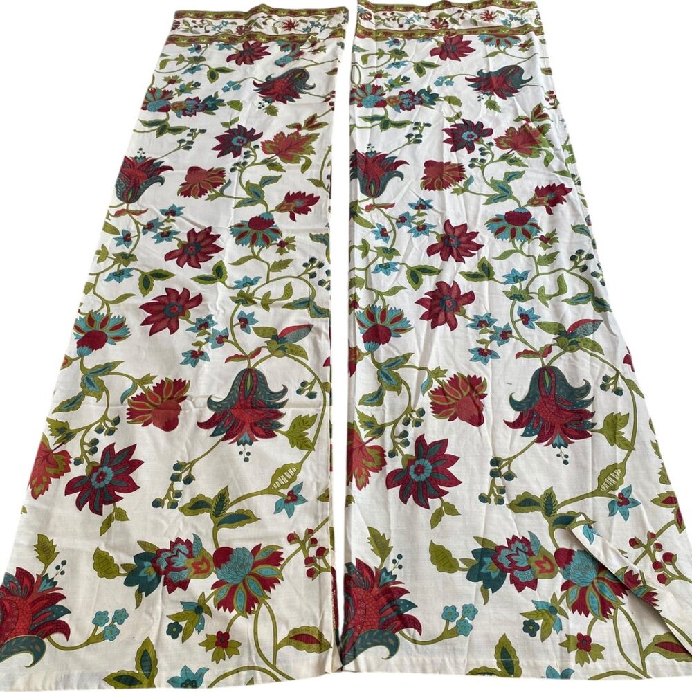 World Market Azra Floral Curtain Panels Cotton Red/Blue/Green Botanical Jacobean